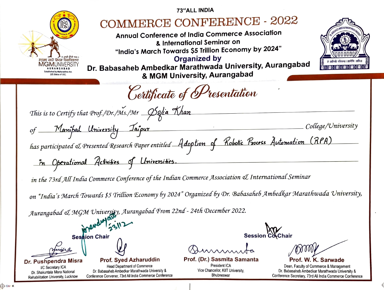 Certificate for Presentation on 'RPA in University Operations' at 73rd All India Commerce Conference & International Seminar in Dec 2022